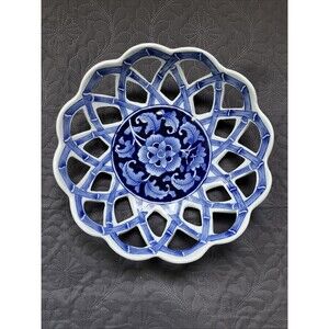 VTG Blue & White Bowl Delft Style Asian Inspired Open Woven Bowl Home Decor Gift